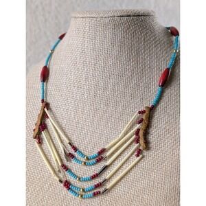 Multi Strand Beaded Necklace Faux Bone Turquoise Glass Boho Tribal Style